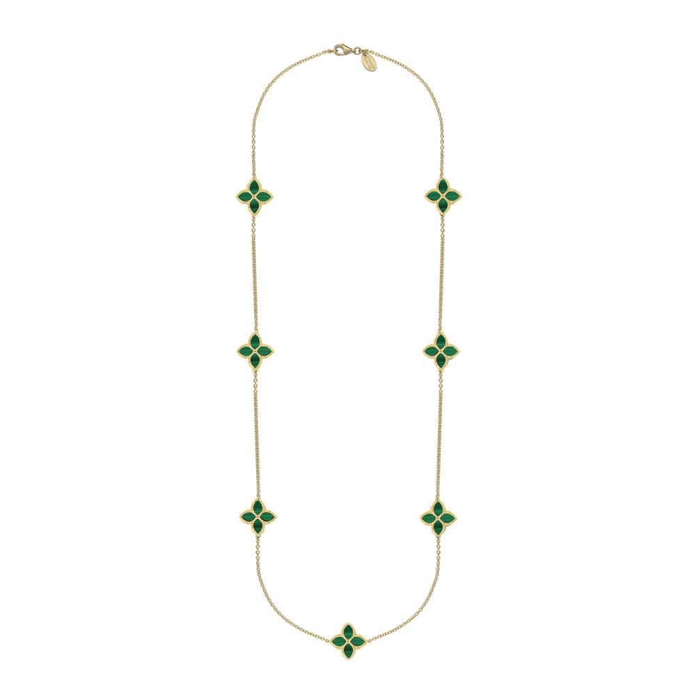 9ct Yellow Gold Malachite Bloom Long Marquise Flower Necklace - Gold