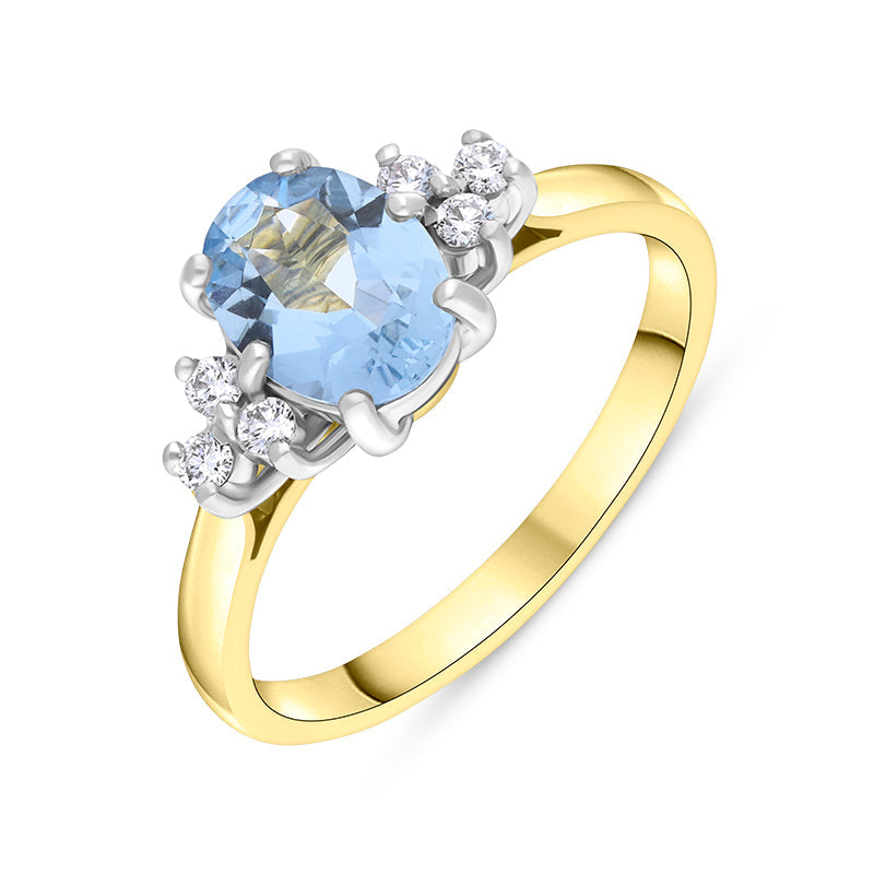 18ct Yellow Gold Aquamarine Diamond Cluster Oval Cut Ring - L