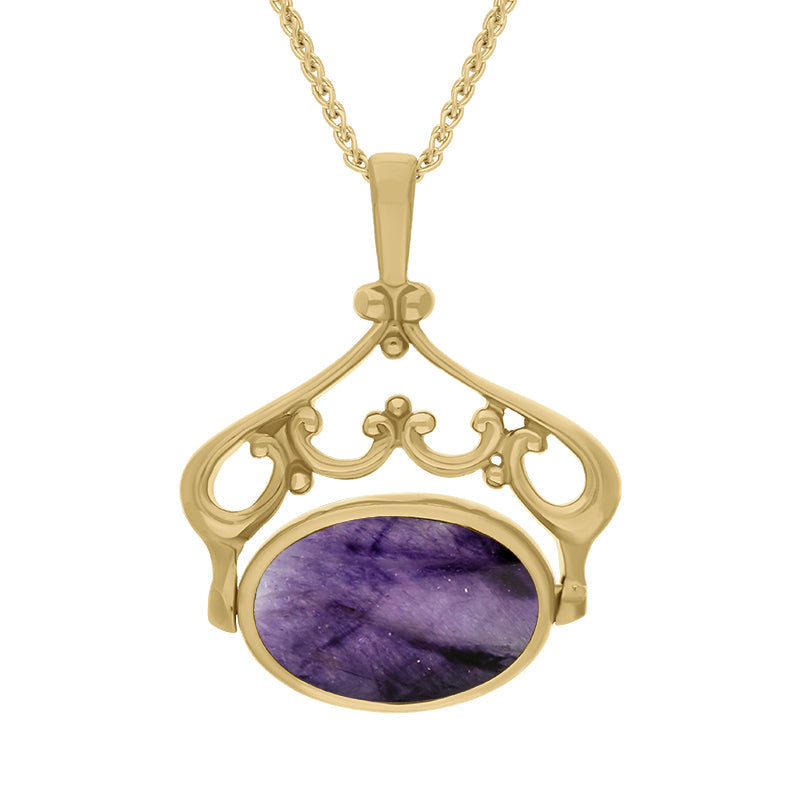 18ct Yellow Gold Blue John Mother Of Pearl Double Sided Oval Swivel Fob Necklace - Yellow Gold