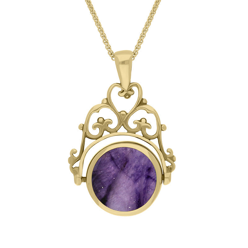18ct Yellow Gold Blue John Whitby Jet Double Sided Round Swivel Fob Necklace - Yellow Gold
