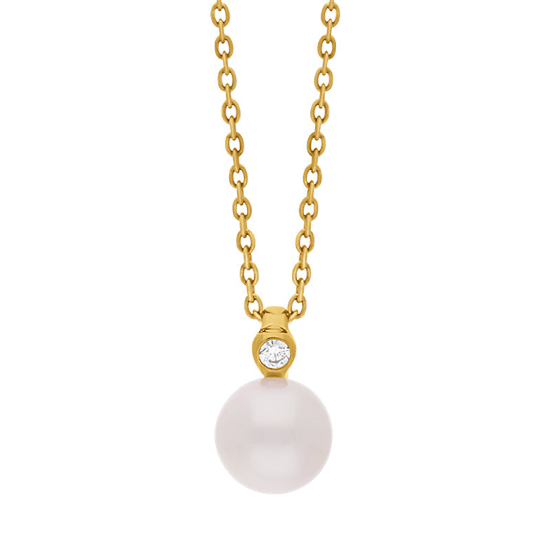 18ct Yellow Gold Diamond Akoya Pearl Necklace - Gold