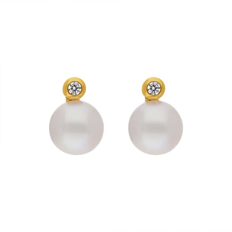 18ct Yellow Gold Diamond Akoya Pearl Stud Earrings - Gold