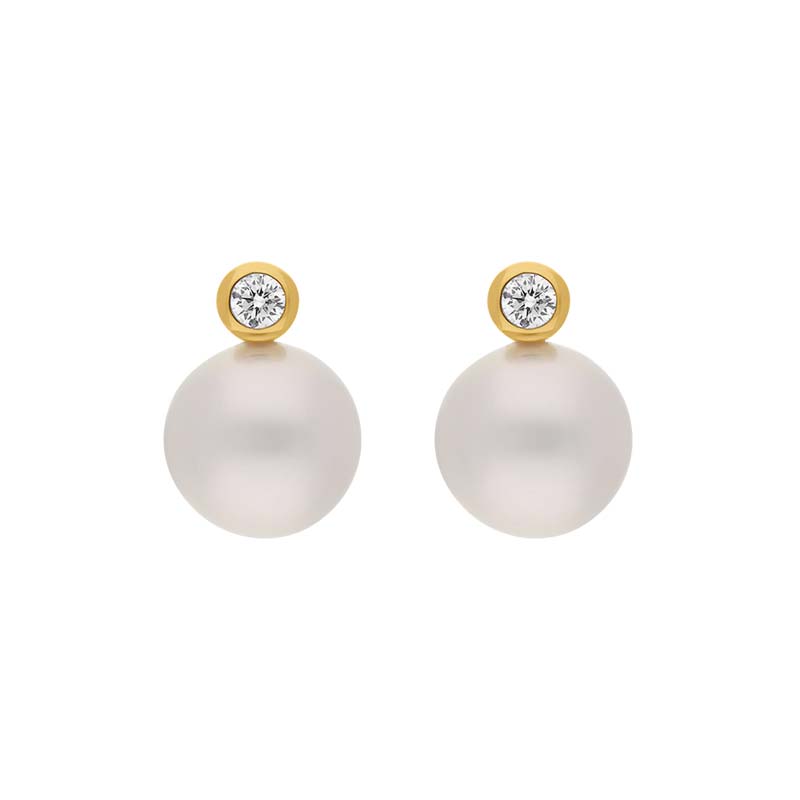 18ct Yellow Gold Diamond South Sea Pearl Stud Earrings - Gold