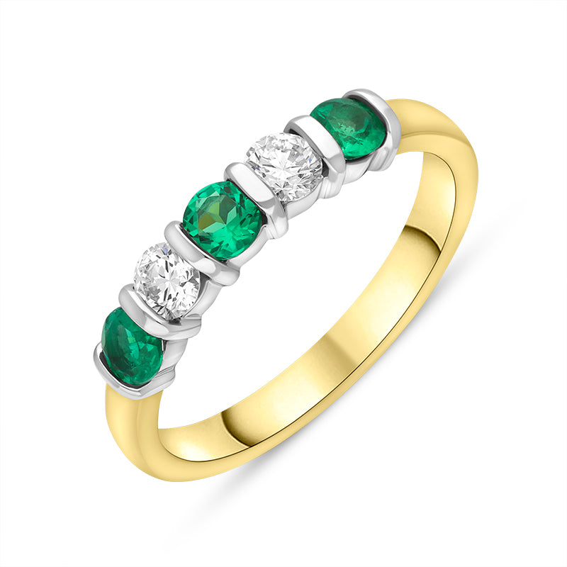 18ct Yellow Gold Emerald Diamond Half Eternity Ring - Gold