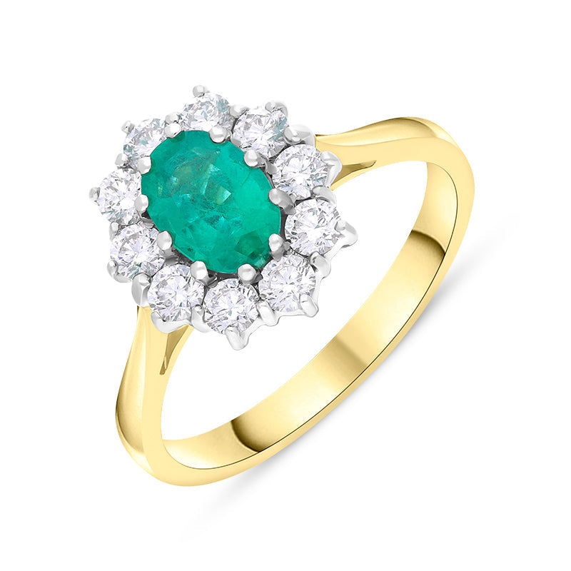 18ct Yellow Gold Emerald Diamond Oval Cut Cluster Ring