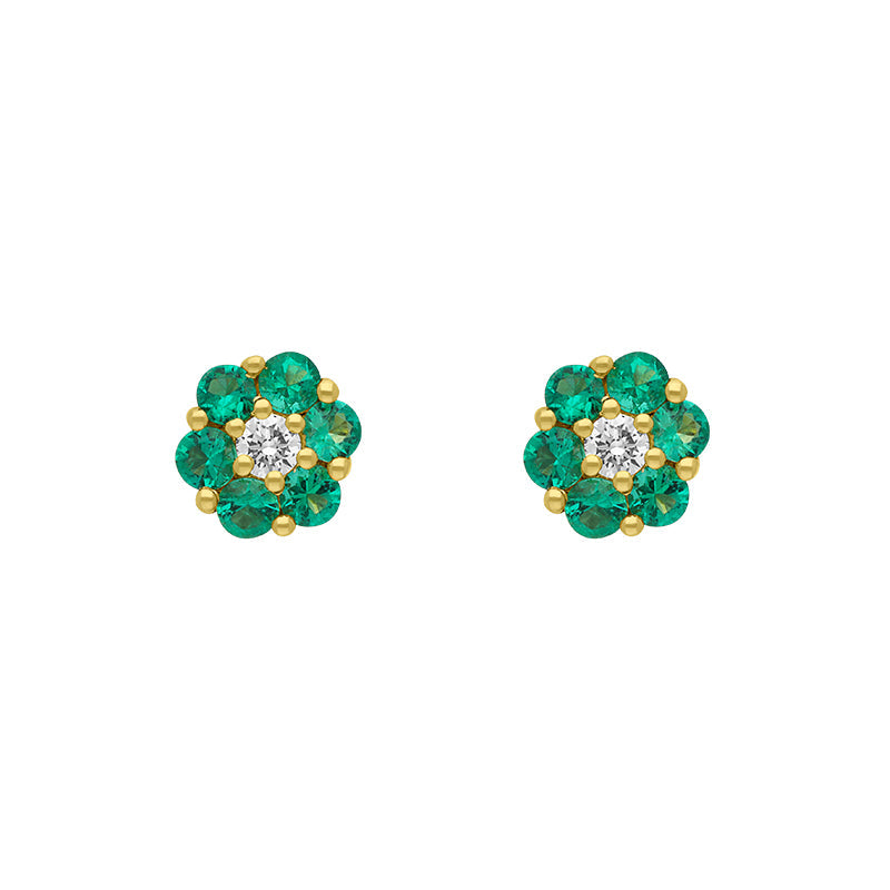 18ct Yellow Gold Emerald Diamond Round Cluster Flower Stud Earrings - Yellow Gold