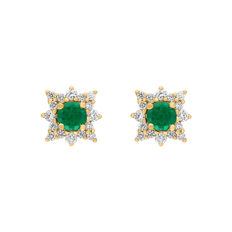 18ct Yellow Gold Emerald Diamond Star Cluster Stud Earrings - Yellow Gold