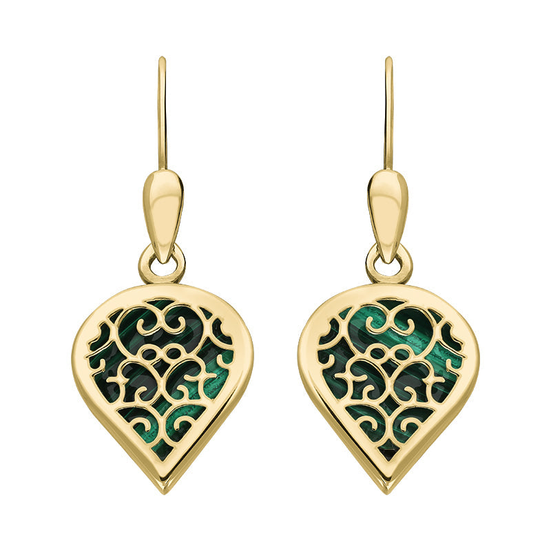 18ct Yellow Gold Malachite Flore Filigree Heart Drop Earrings