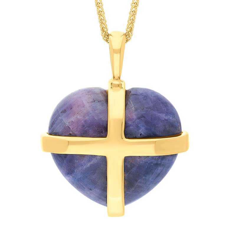 18ct Yellow Gold Northern Lights Greenland Sapphire Large Cross Heart Necklace