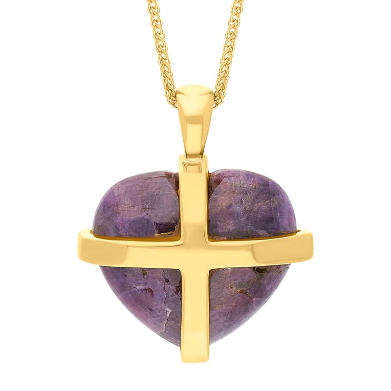 18ct Yellow Gold Northern Lights Greenland Sapphire Medium Cross Heart Necklace