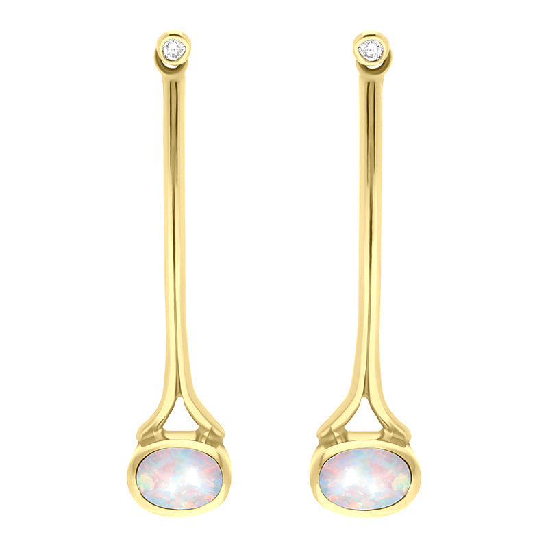18ct Yellow Gold Opal 0.06ct Diamond Long Drop Earrings D - Gold