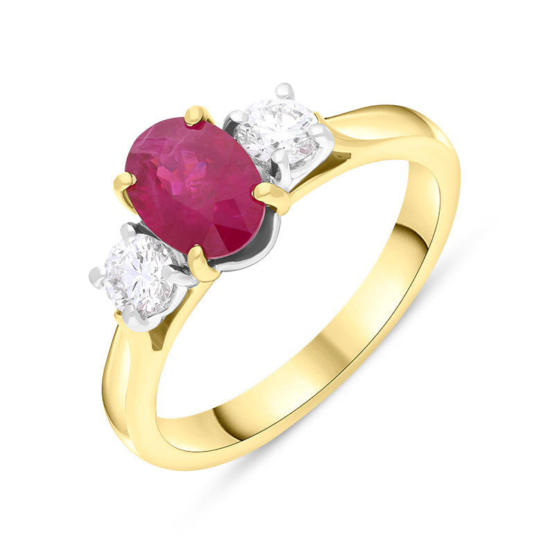 18ct Yellow Gold Ruby Diamond Oval Cut Three Stone Ring