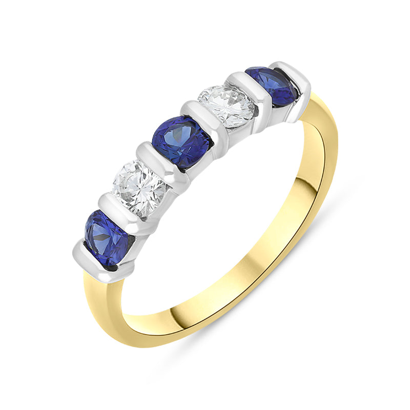 18ct Yellow Gold Sapphire Diamond Five Stone Bar Set Half Eternity Ring - Gold