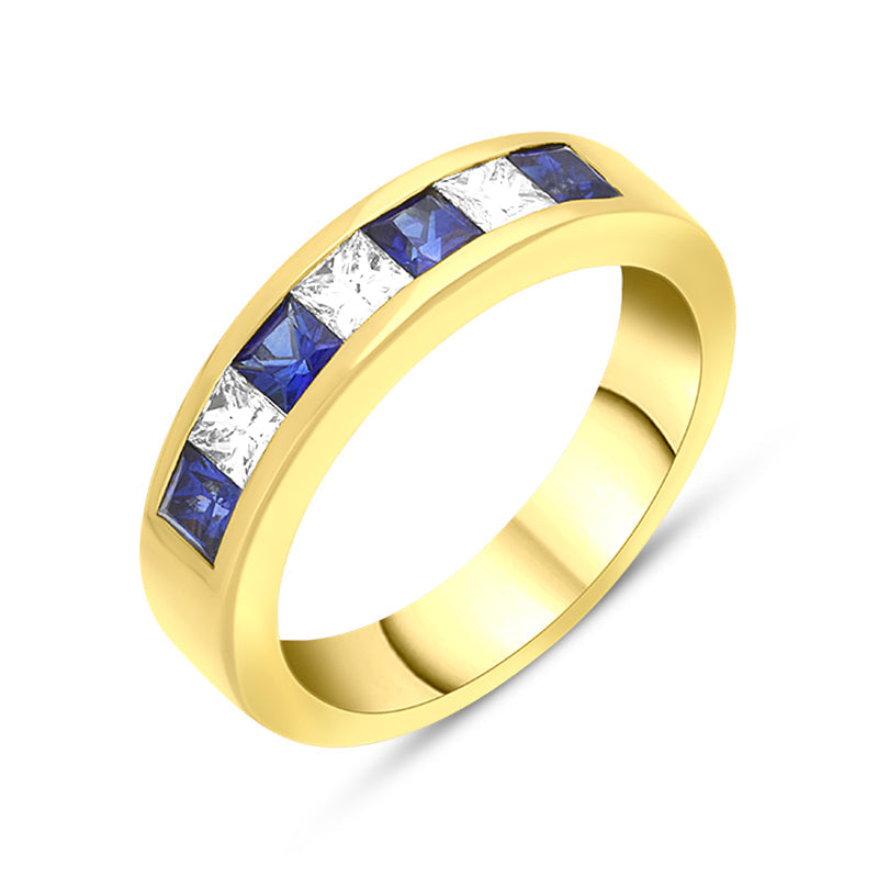 18ct Yellow Gold Sapphire Diamond Princess Cut Channel Set Half Eternity Ring - Yellow Gold