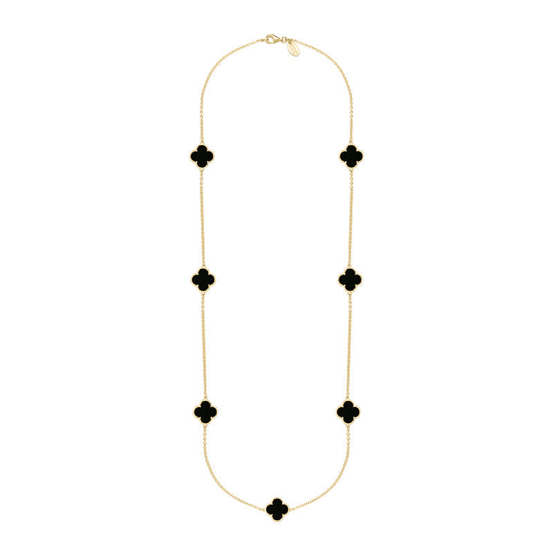 18ct Yellow Gold Whitby Jet Bloom Four Leaf Clover Ball Edge Long Necklace