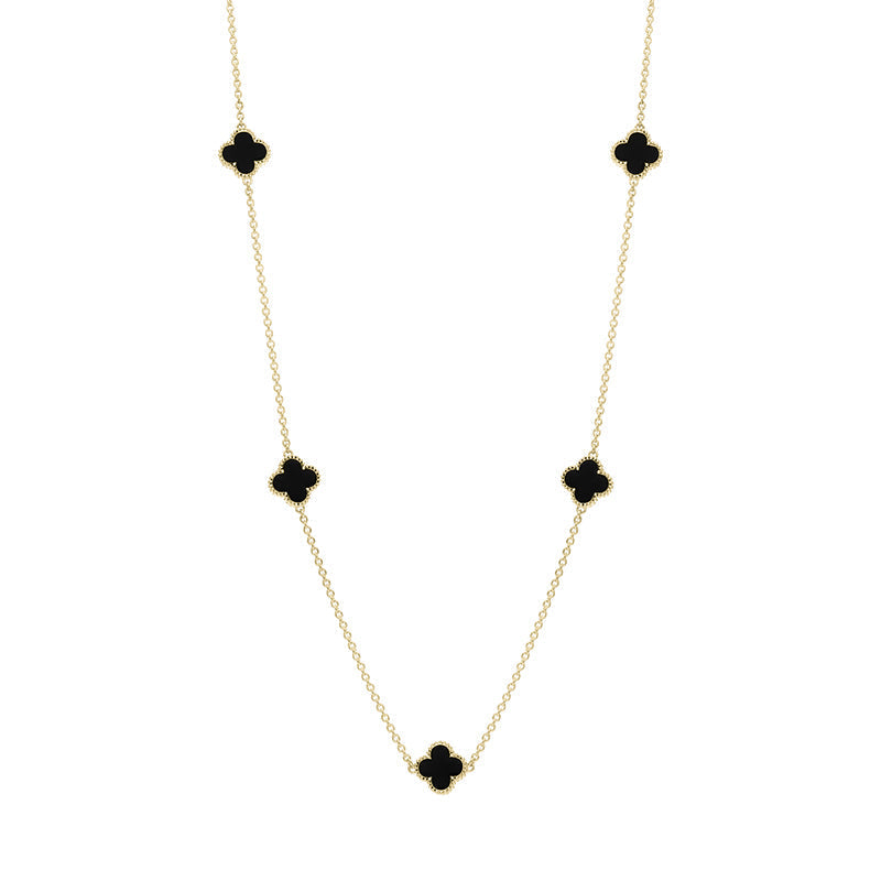 18ct Yellow Gold Whitby Jet Bloom Four Leaf Clover Ball Edge Necklace