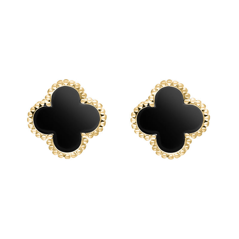 18ct Yellow Gold Whitby Jet Bloom Four Leaf Clover Ball Edge Stud Earrings