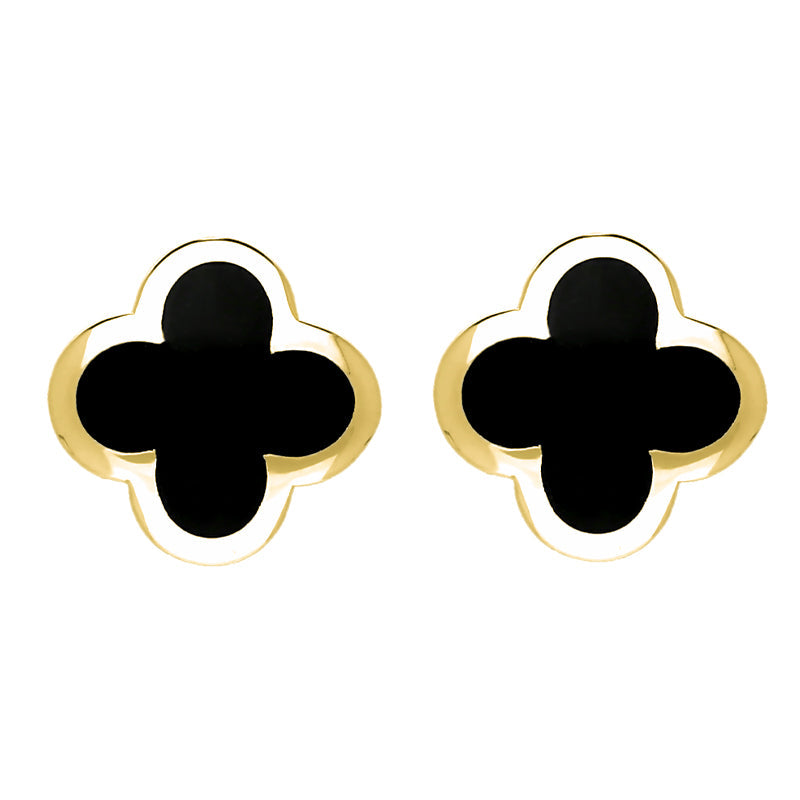 18ct Yellow Gold Whitby Jet Bloom Four Leaf Clover Stud Earrings