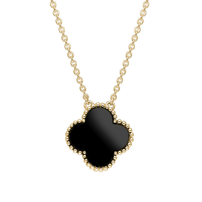 18ct Yellow Gold Whitby Jet Bloom Large Four Leaf Clover Ball Edge Chain Necklet
