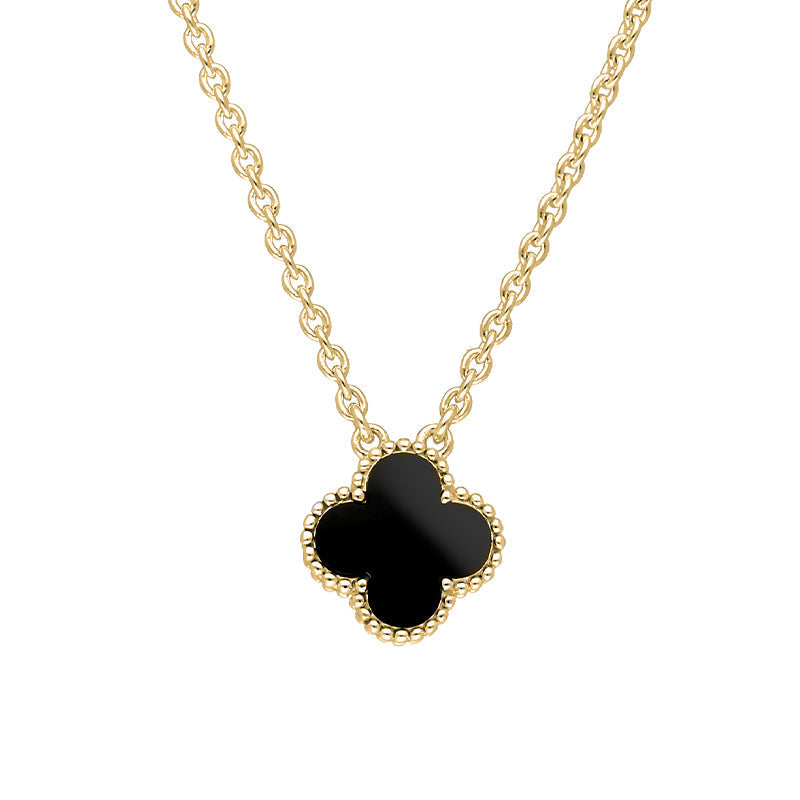 18ct Yellow Gold Whitby Jet Bloom Small Four Leaf Clover Ball Edge Chain Necklace
