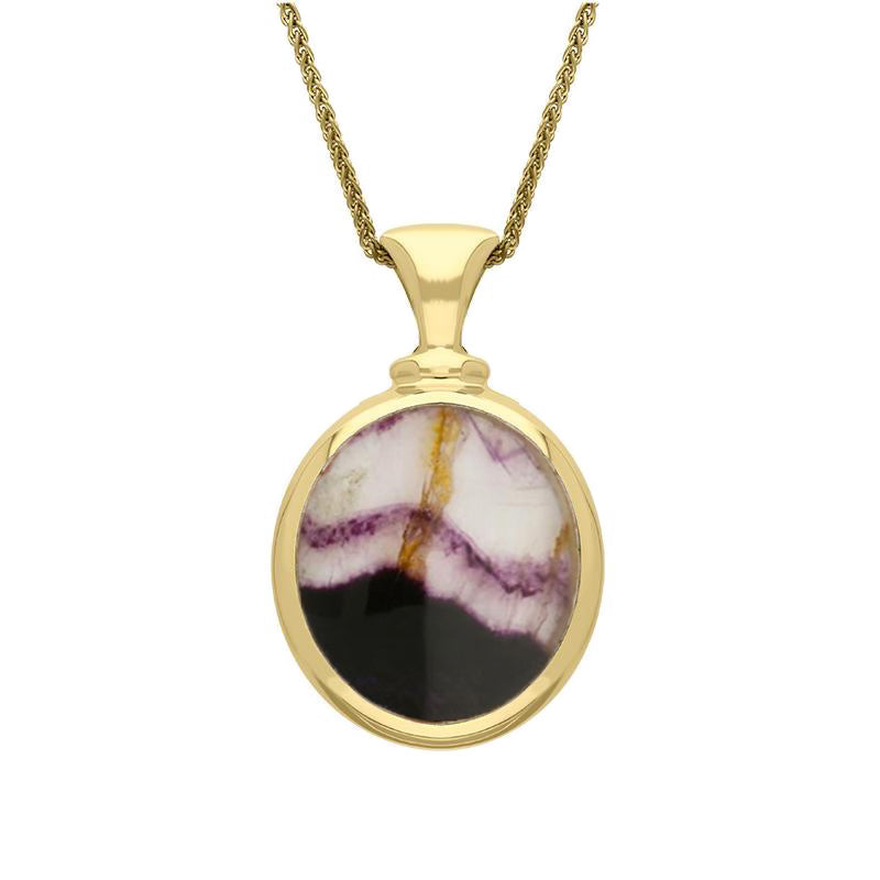 18ct Yellow Gold Whitby Jet Blue John Small Double Sided Oval Fob Necklace - Yellow Gold