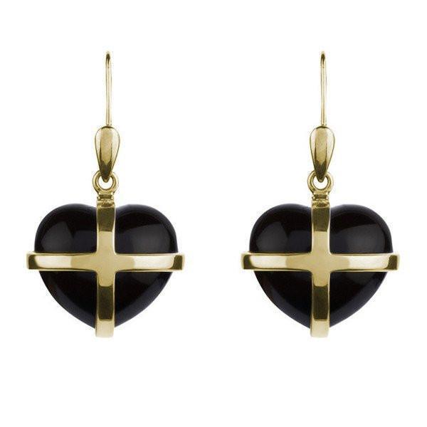 18ct Yellow Gold Whitby Jet Medium Cross Heart Drop Earrings - Gold