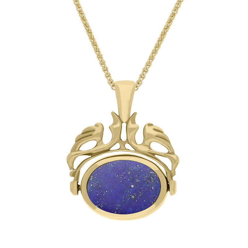 18ct Yellow Gold Whitby Jet Lapis Lazuli Double Sided Oval Swivel Fob Necklace - Yellow Gold