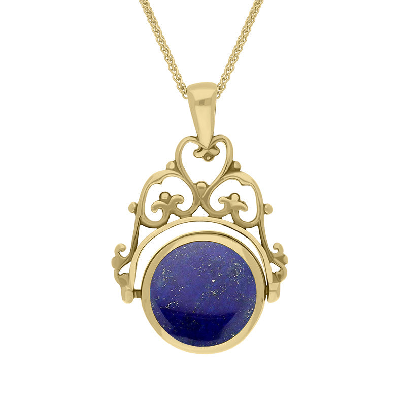 18ct Yellow Gold Whitby Jet Lapis Lazuli Double Sided Round Swivel Fob Necklace - Yellow Gold