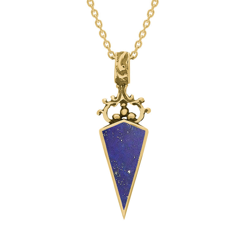 18ct Yellow Gold Whitby Jet Lapis Lazuli Double Sided Scroll Dagger Fob Necklace - Yellow Gold