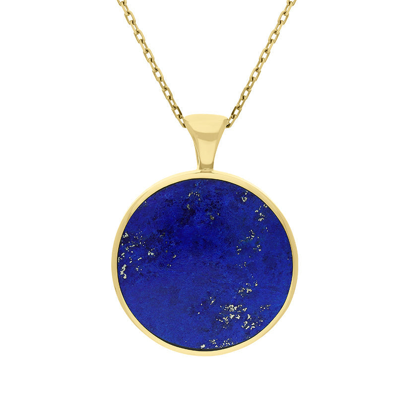 18ct Yellow Gold Whitby Jet Lapis Lazuli Large Double Sided Round Fob Necklace - Yellow Gold