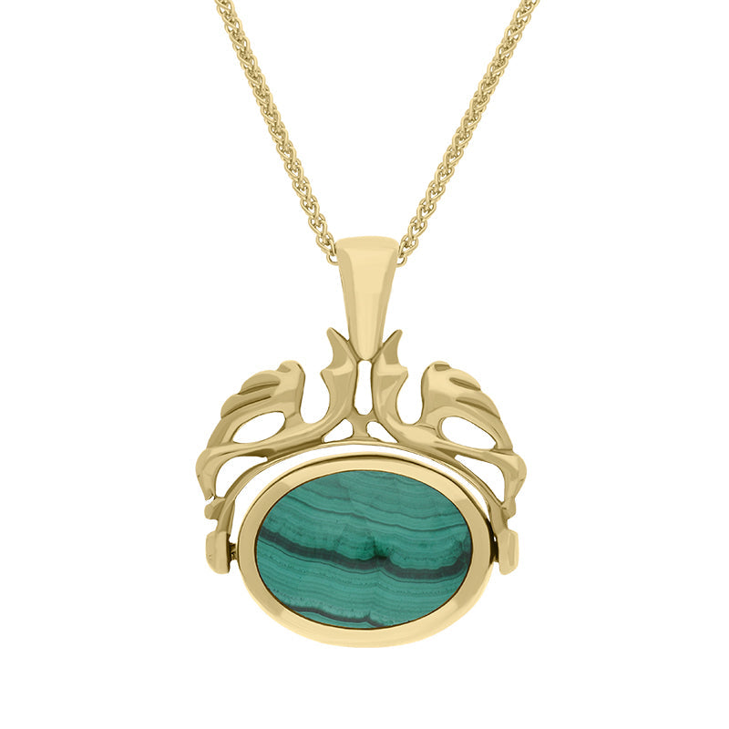 18ct Yellow Gold Whitby Jet Malachite Double Sided Oval Swivel Fob Necklace - Yellow Gold