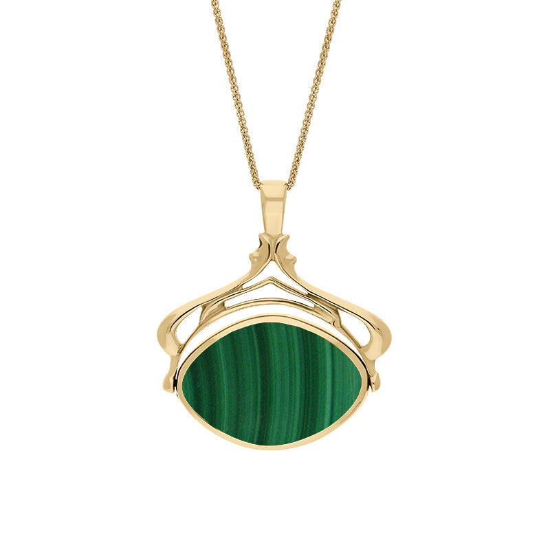 18ct Yellow Gold Whitby Jet Malachite Marquise Swivel Fob Necklace - Gold