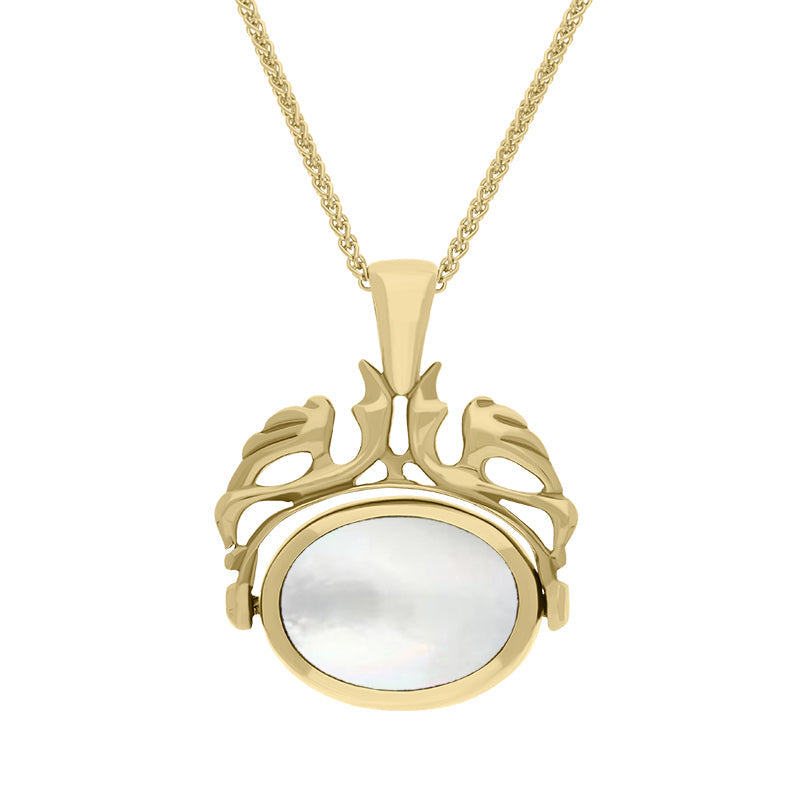 18ct Yellow Gold Whitby Jet Mother Of Pearl Double Sided Swivel Fob Necklace - Yellow Gold