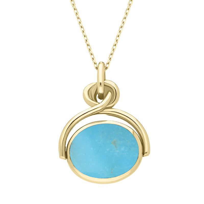 18ct Yellow Gold Whitby Jet Turquoise Oval Swivel Fob Necklace - Yellow Gold