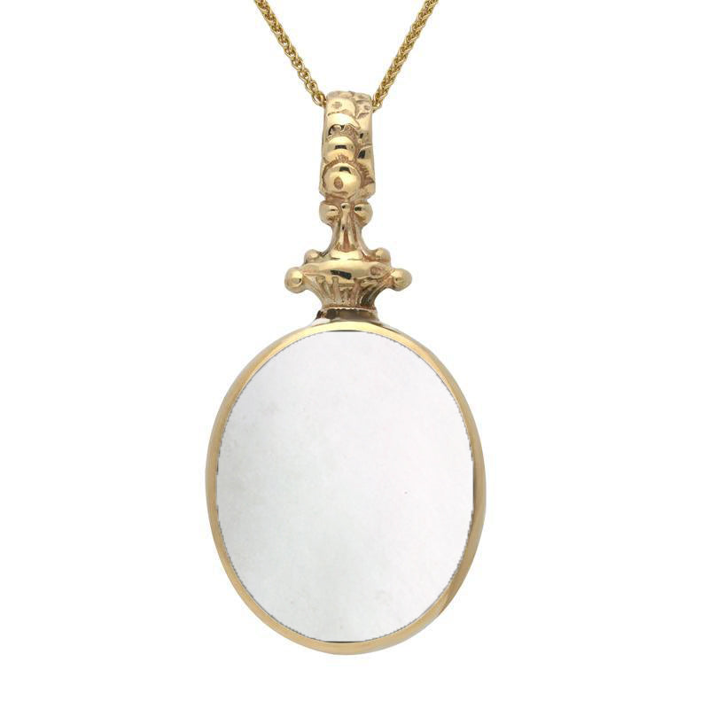 18ct Yellow Gold Whitby Jet White Mother Of Pearl Double Sided Oval Fob Necklace - Yellow Gold