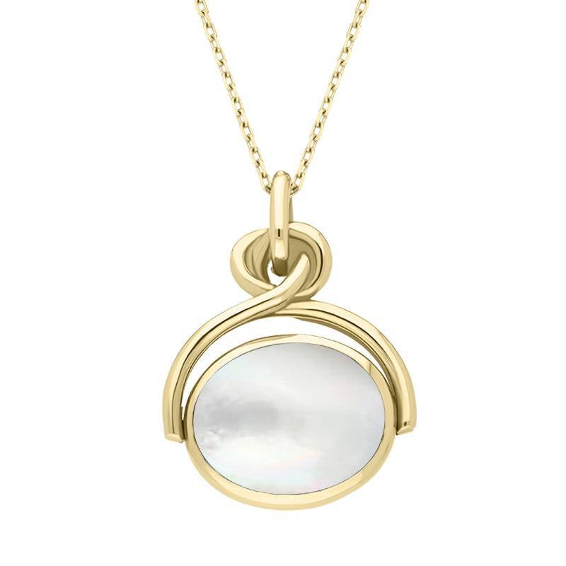 18ct Yellow Gold Whitby Jet White Mother of Pearl Oval Swivel Fob Necklace - Yellow Gold
