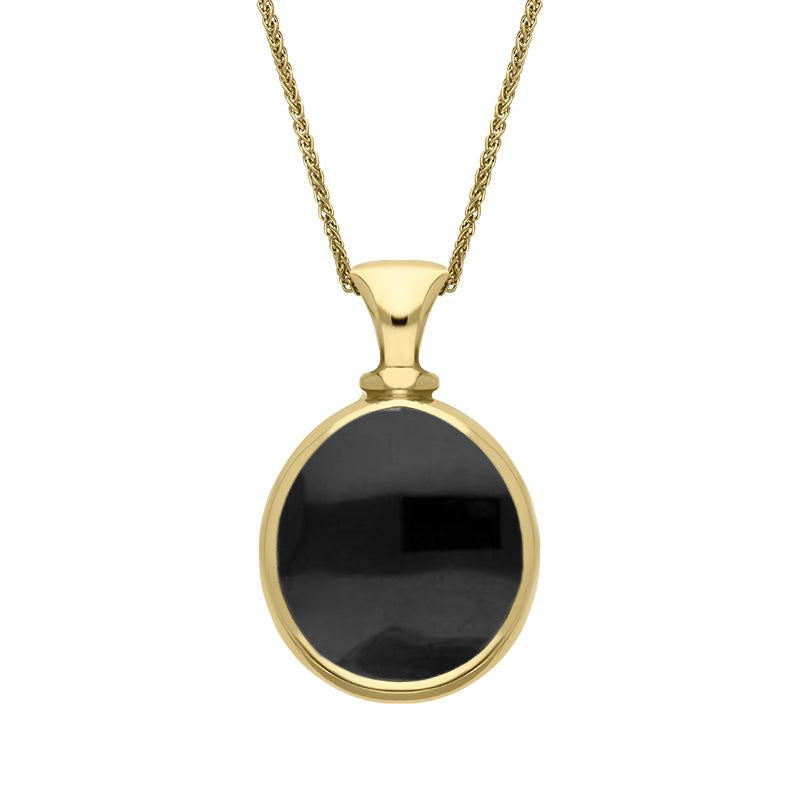 18ct Yellow Gold Whitby Jet Mother Of Pearl Small Double Sided Pear Fob Necklace