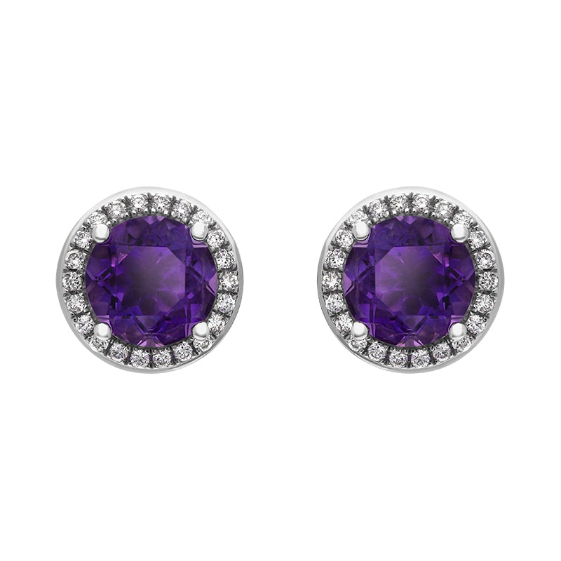 18ct White Gold Amethyst Diamond Round Cluster Stud Earrings - Option1 Value White Gold
