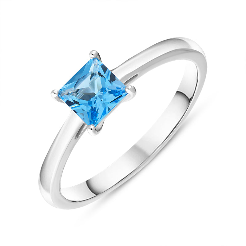 18ct White Gold Blue Topaz Square Cut Solitaire Ring - M.5