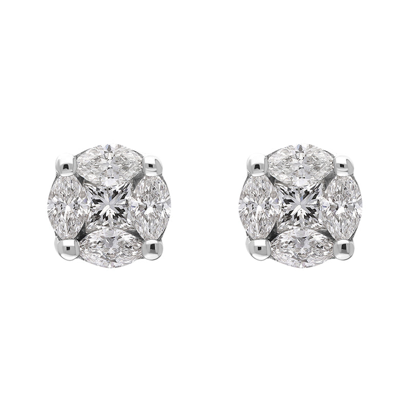 18ct White Gold 0.39ct Diamond Princess and Marquise Cut Cluster Stud Earrings - Option1 Value White Gold