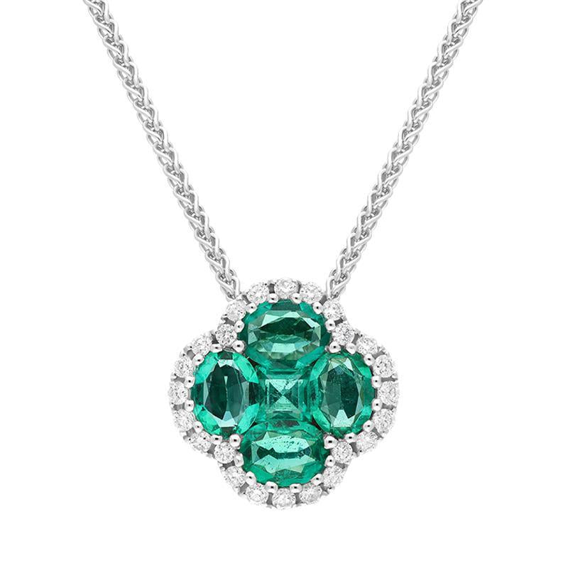 18ct White Gold Emerald 0.22ct Diamond Clover Cluster Necklace - Option1 Value White Gold