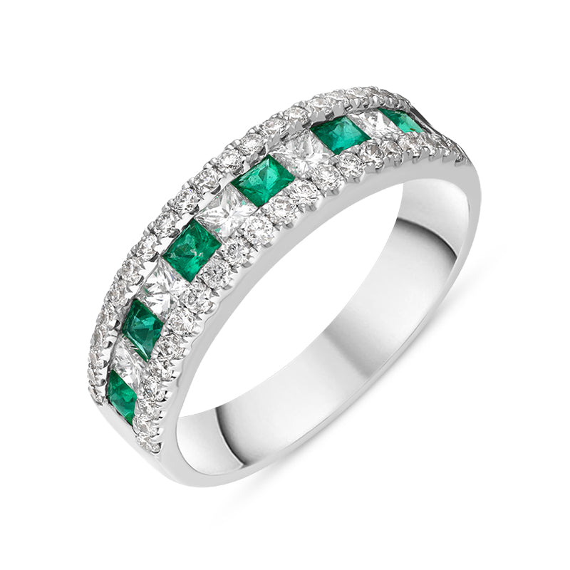 18ct White Gold Emerald Diamond Princess Round Brilliant Cut Half Eternity Ring