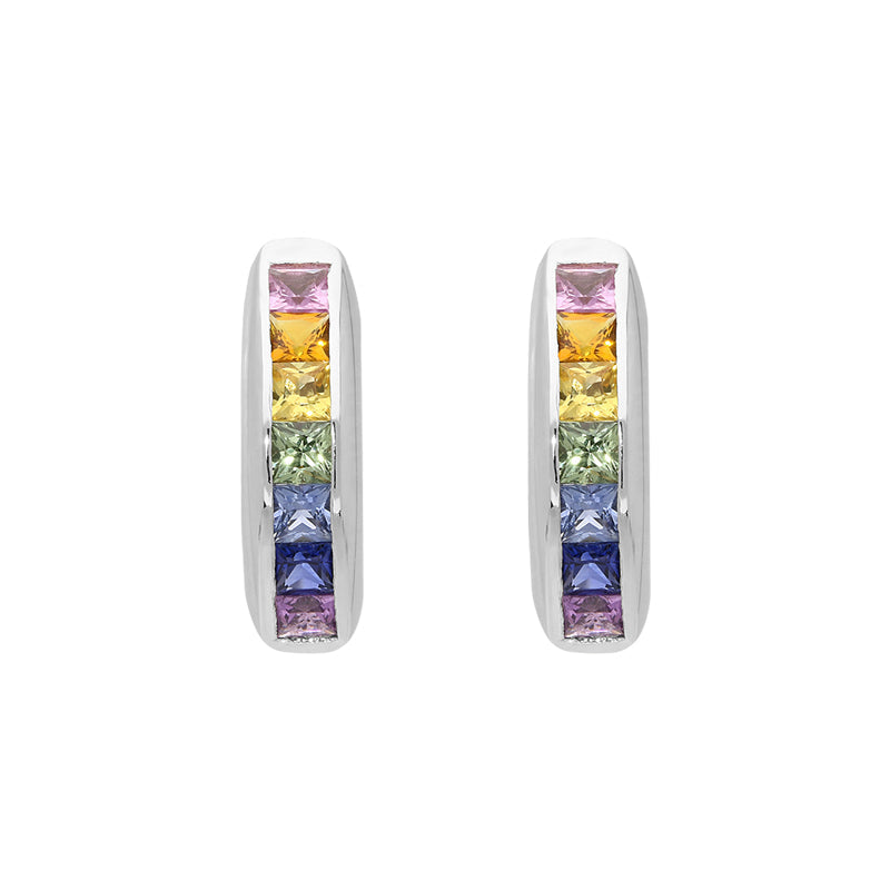 18ct White Gold Rainbow Sapphire Princess Cut Curved Stud Earrings - Option1 Value White Gold