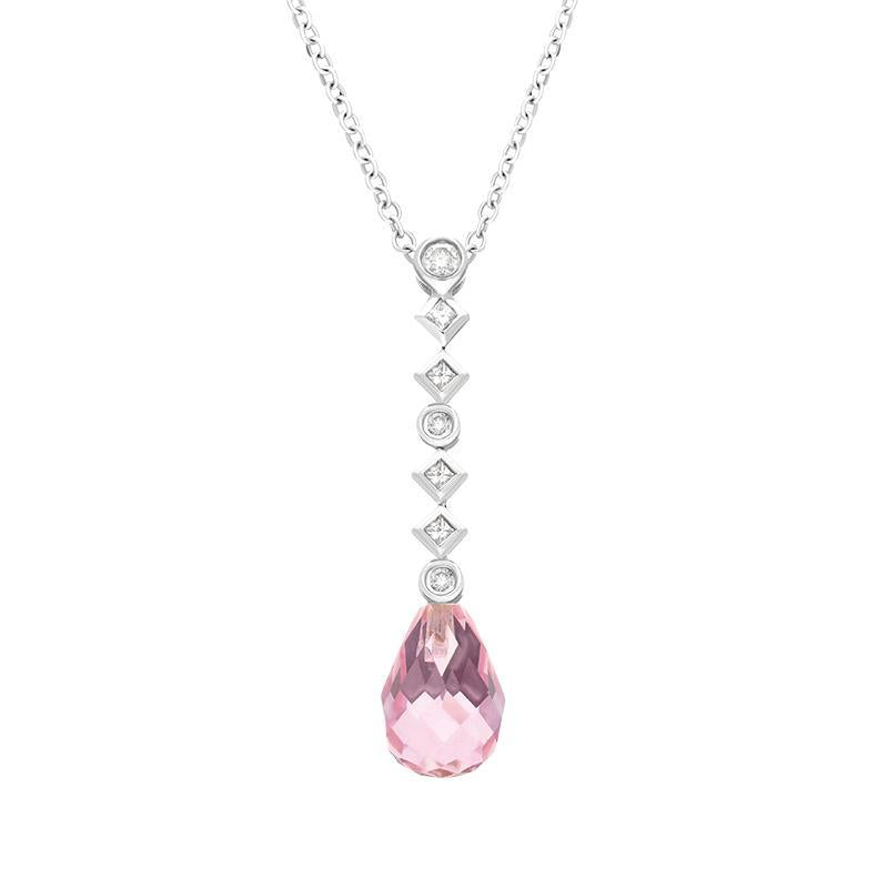 18ct White Gold Rose Quartz Seven Diamond Drop Necklace
