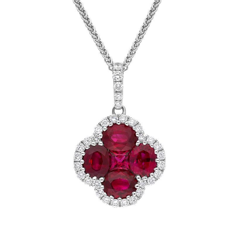 18ct White Gold Ruby Diamond Flower Cluster Necklace - Option1 Value White Gold