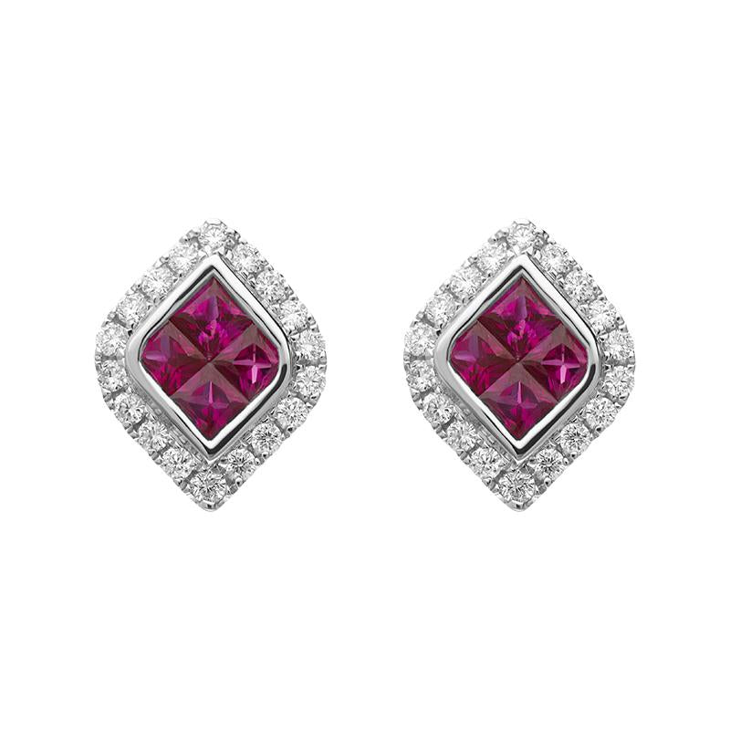 18ct White Gold Ruby Diamond Marquise Cluster Stud Earrings - Option1 Value White Gold