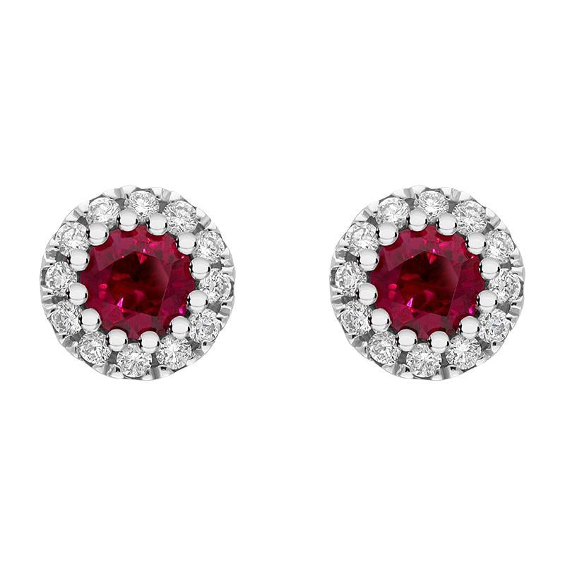 18ct White Gold Ruby Diamond Round Cluster Earrings