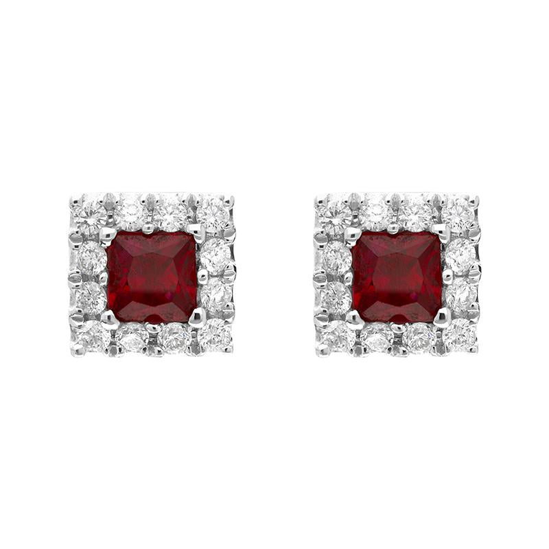 18ct White Gold Ruby Diamond Square Cluster Stud Earrings - Option1 Value White Gold