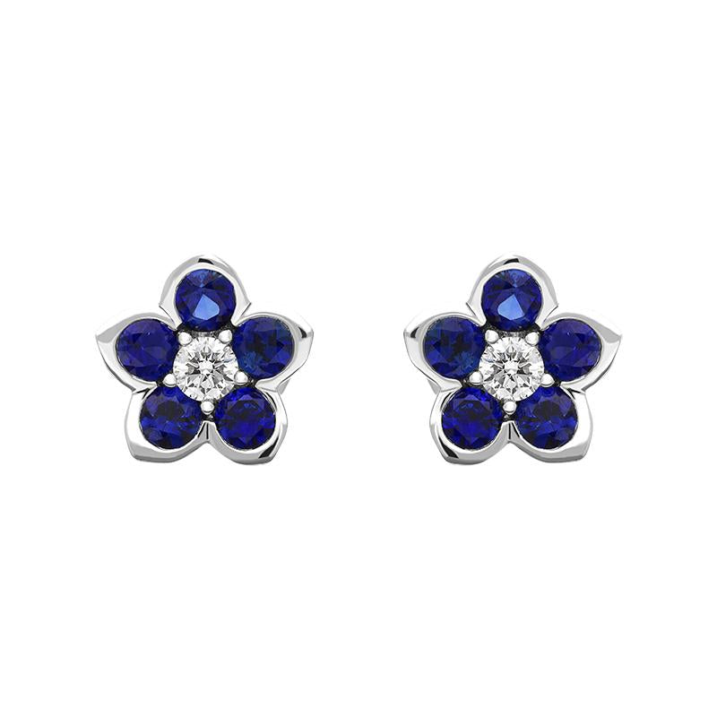 18ct White Gold Sapphire Diamond Flower Cluster Stud Earrings - Option1 Value White Gold