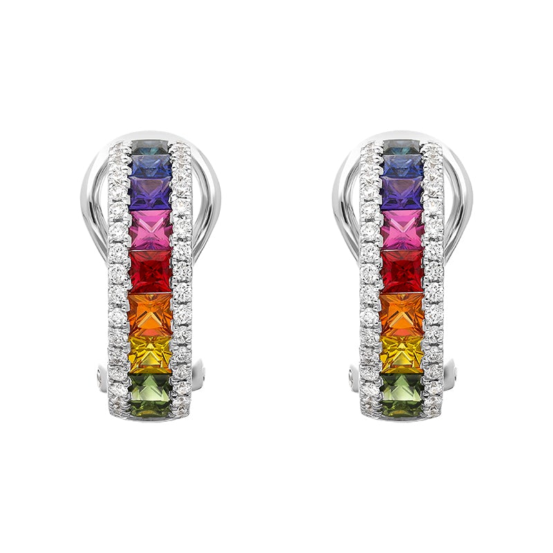 18ct White Gold Sapphire Diamond Princess Cut Multicolour Hoop Earrings - Option1 Value White Gold